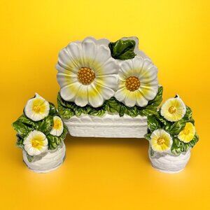 Vintage Geo Z Lefton Rustic Daisy Salt & Pepper Shakers Napkin Holder Set Japan